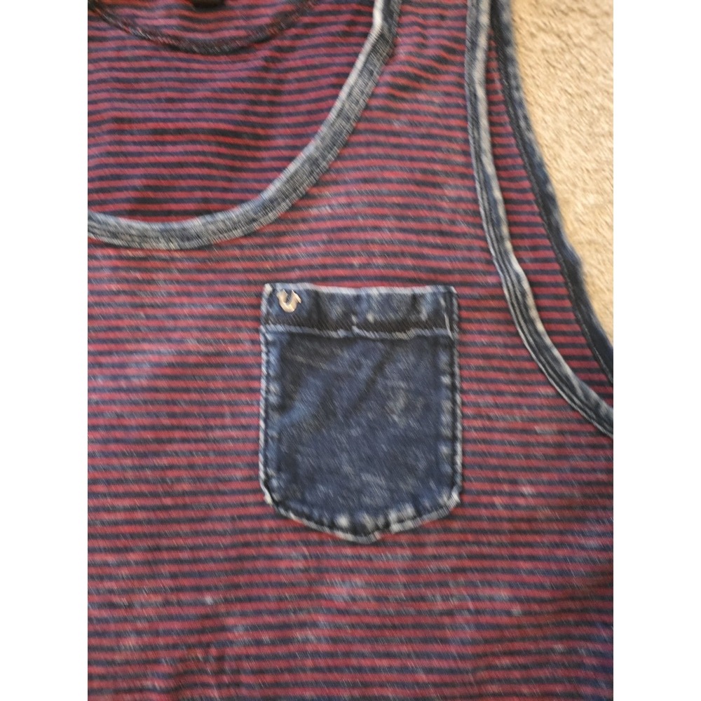 True Religion Red And Blue Striped Distressed Tank Mens Large Front Pocket - Picture 2 of 5